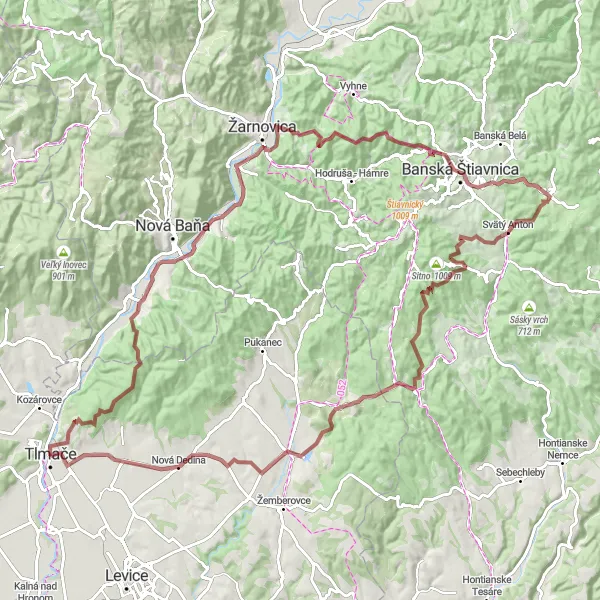 Map miniature of "Tlmače Gravel Adventure" cycling inspiration in Západné Slovensko, Slovakia. Generated by Tarmacs.app cycling route planner
