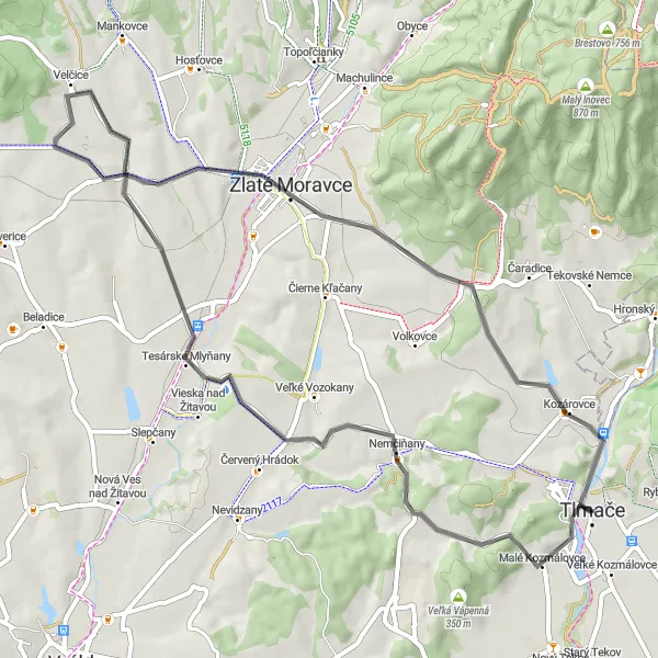 Map miniature of "Moravce and Plešovica Road Route" cycling inspiration in Západné Slovensko, Slovakia. Generated by Tarmacs.app cycling route planner