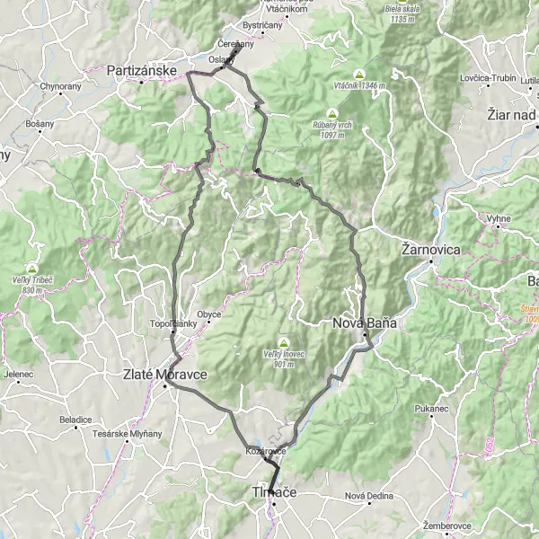 Miniaturní mapa "Okruh kolem Tlmačí" inspirace pro cyklisty v oblasti Západné Slovensko, Slovakia. Vytvořeno pomocí plánovače tras Tarmacs.app