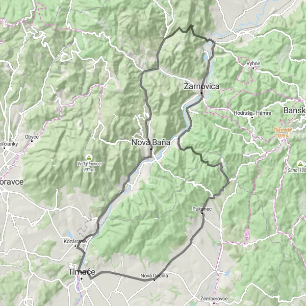 Miniaturní mapa "Výzva okolo Tlmačí" inspirace pro cyklisty v oblasti Západné Slovensko, Slovakia. Vytvořeno pomocí plánovače tras Tarmacs.app