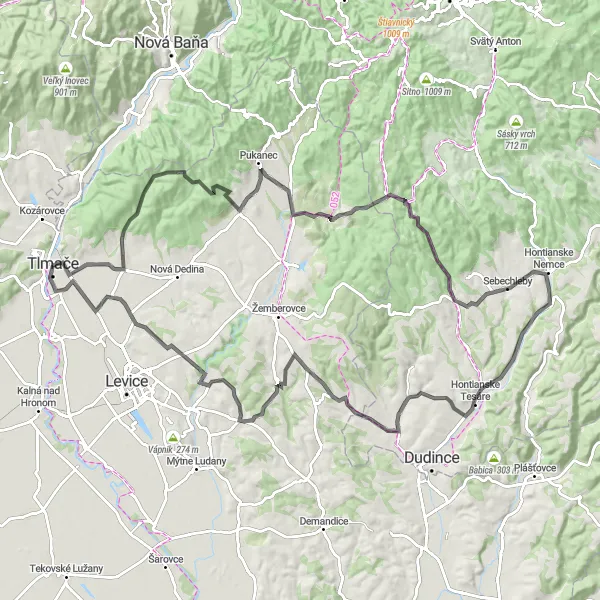 Map miniature of "Hontian Hospitability" cycling inspiration in Západné Slovensko, Slovakia. Generated by Tarmacs.app cycling route planner