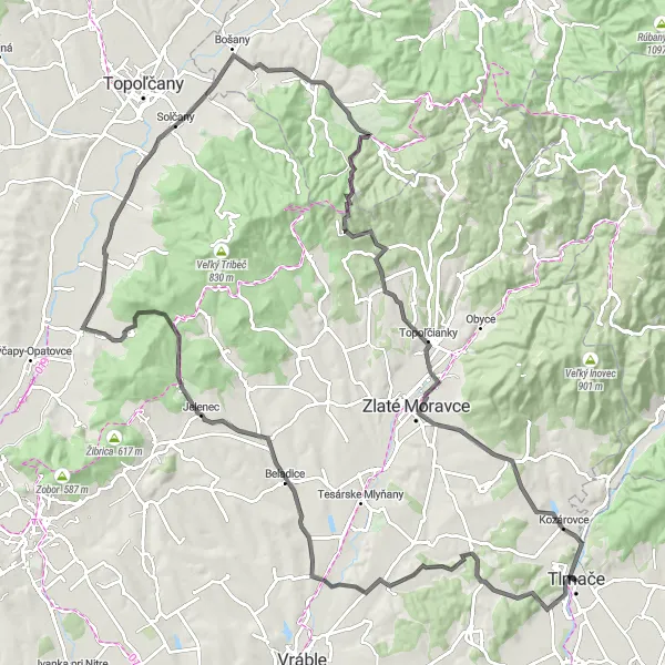 Miniaturní mapa "Silniční výlet od Tlmače" inspirace pro cyklisty v oblasti Západné Slovensko, Slovakia. Vytvořeno pomocí plánovače tras Tarmacs.app