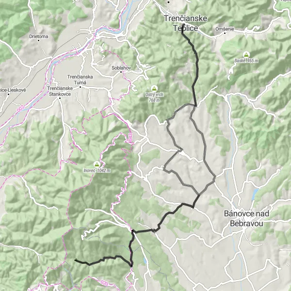 Map miniature of "Trenčianske Teplice - Veľká Hradná Loop" cycling inspiration in Západné Slovensko, Slovakia. Generated by Tarmacs.app cycling route planner