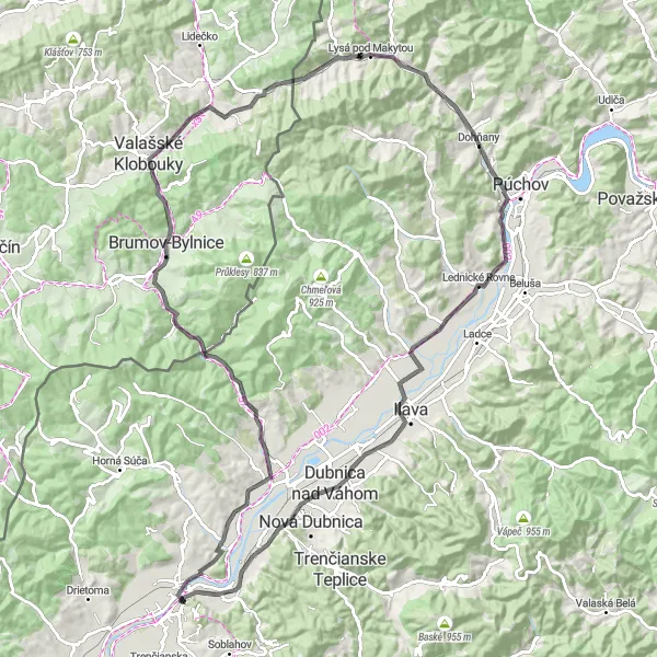 Map miniature of "Road Cycling Adventure around Trenčín" cycling inspiration in Západné Slovensko, Slovakia. Generated by Tarmacs.app cycling route planner