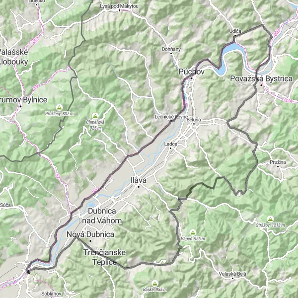 Map miniature of "Round Trip near Trenčín: Exploring the Beauty of West Slovakia" cycling inspiration in Západné Slovensko, Slovakia. Generated by Tarmacs.app cycling route planner