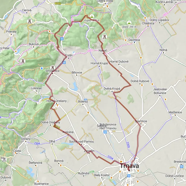 Map miniature of "Trnava Gravel Hills" cycling inspiration in Západné Slovensko, Slovakia. Generated by Tarmacs.app cycling route planner