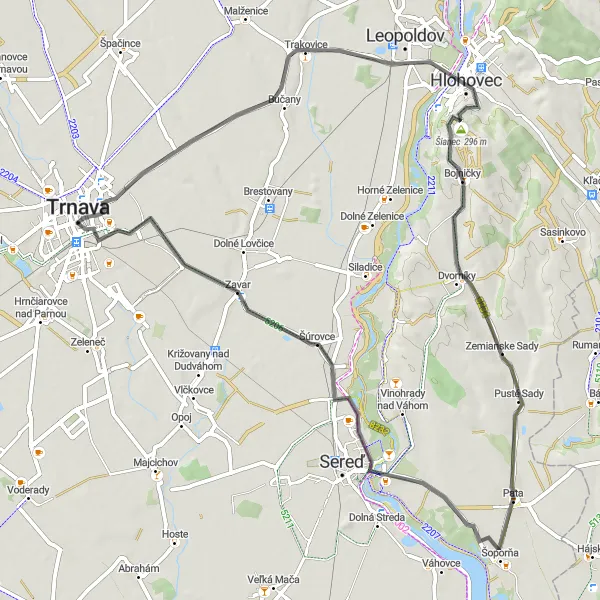 Map miniature of "Trnava Road Tour" cycling inspiration in Západné Slovensko, Slovakia. Generated by Tarmacs.app cycling route planner