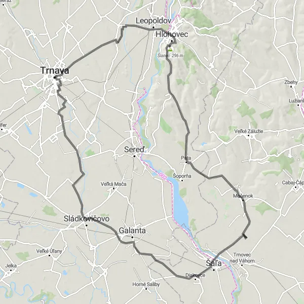 Map miniature of "Trnava Ultimate Road Challenge" cycling inspiration in Západné Slovensko, Slovakia. Generated by Tarmacs.app cycling route planner