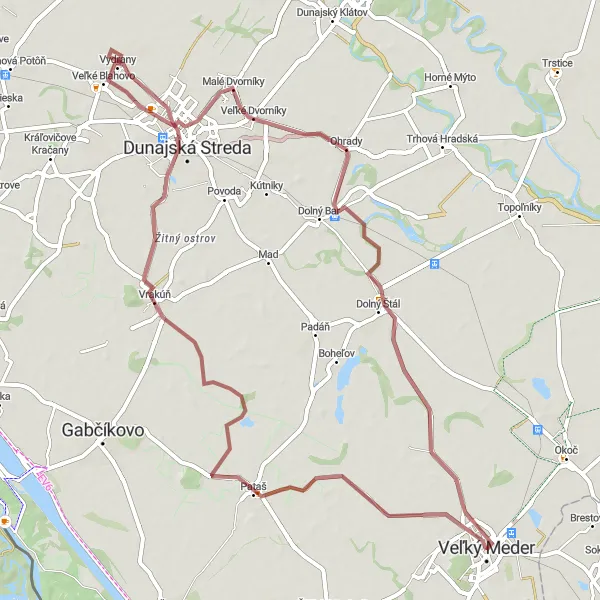 Miniaturní mapa "Gravel okruh Veľký Meder - Dunajská Streda - Vydrany" inspirace pro cyklisty v oblasti Západné Slovensko, Slovakia. Vytvořeno pomocí plánovače tras Tarmacs.app