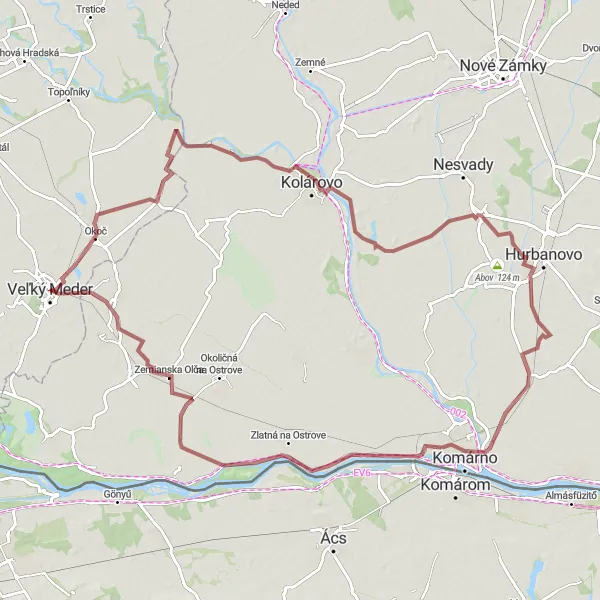 Miniaturní mapa "Gravelová cesta přes Veľké Kosihy a Sokolce" inspirace pro cyklisty v oblasti Západné Slovensko, Slovakia. Vytvořeno pomocí plánovače tras Tarmacs.app