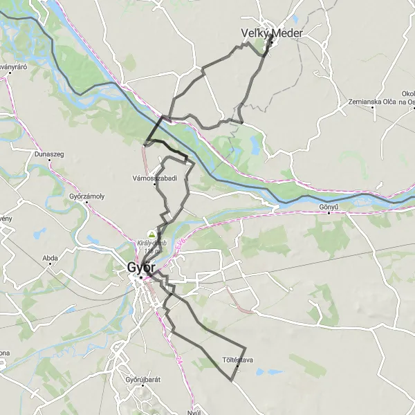 Map miniature of "The Great Meder Loop" cycling inspiration in Západné Slovensko, Slovakia. Generated by Tarmacs.app cycling route planner