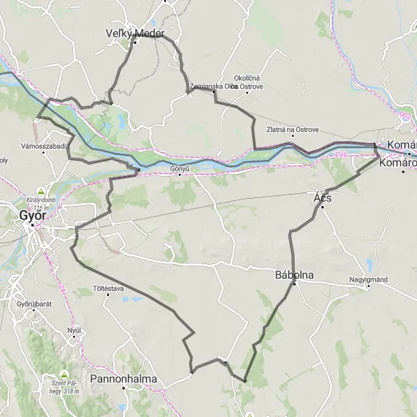 Mapa miniatúra "Veľký Meder - Győrszentiván round trip" cyklistická inšpirácia v Západné Slovensko, Slovakia. Vygenerované cyklistickým plánovačom trás Tarmacs.app