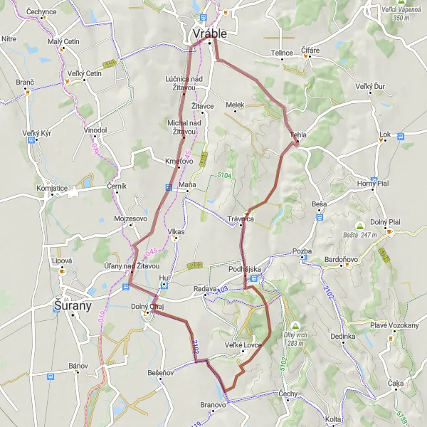 Map miniature of "Gravel adventure near Vráble" cycling inspiration in Západné Slovensko, Slovakia. Generated by Tarmacs.app cycling route planner