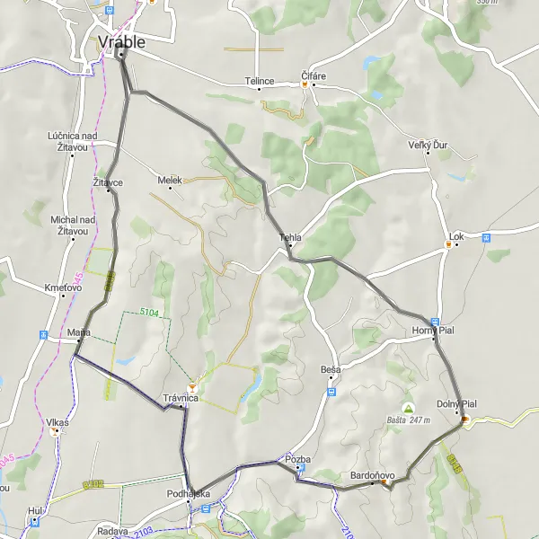 Miniaturní mapa "Silniční okružní cesta Tehla - Pozba - Trávnica - Pozorovateľňa vtáctva - Vráble" inspirace pro cyklisty v oblasti Západné Slovensko, Slovakia. Vytvořeno pomocí plánovače tras Tarmacs.app