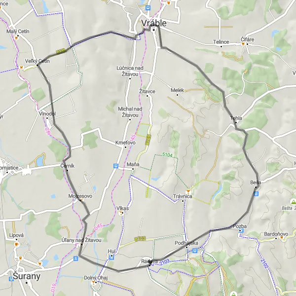 Miniaturní mapa "Cyklotrasa Vráble - Tehla - Radava - Mojzesovo - Paňa - Vráble" inspirace pro cyklisty v oblasti Západné Slovensko, Slovakia. Vytvořeno pomocí plánovače tras Tarmacs.app