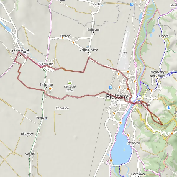 Map miniature of "Krakovany Gravel Loop" cycling inspiration in Západné Slovensko, Slovakia. Generated by Tarmacs.app cycling route planner