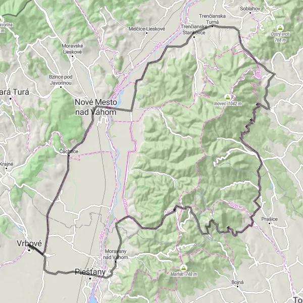 Miniaturní mapa "Road Trasa s výhledy kolem Vrbového" inspirace pro cyklisty v oblasti Západné Slovensko, Slovakia. Vytvořeno pomocí plánovače tras Tarmacs.app