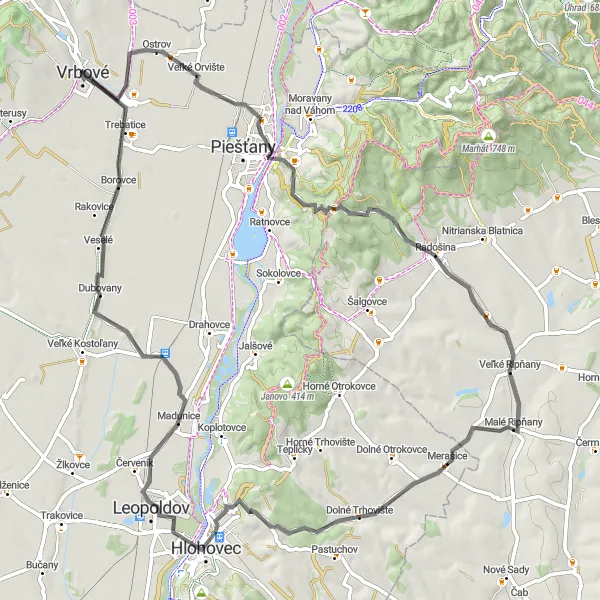 Miniaturní mapa "Cyklotrasa Krakovany - Banka - Ahoj - Gábor - Borovce - Krakovany" inspirace pro cyklisty v oblasti Západné Slovensko, Slovakia. Vytvořeno pomocí plánovače tras Tarmacs.app