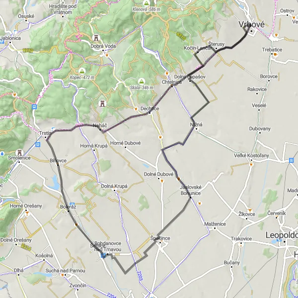 Mapa miniatúra "Road okruh cez Šelpice a Chríb" cyklistická inšpirácia v Západné Slovensko, Slovakia. Vygenerované cyklistickým plánovačom trás Tarmacs.app