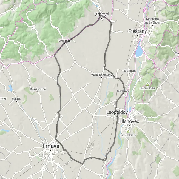 Map miniature of "Rural Road Circuit with Cultural Gems" cycling inspiration in Západné Slovensko, Slovakia. Generated by Tarmacs.app cycling route planner
