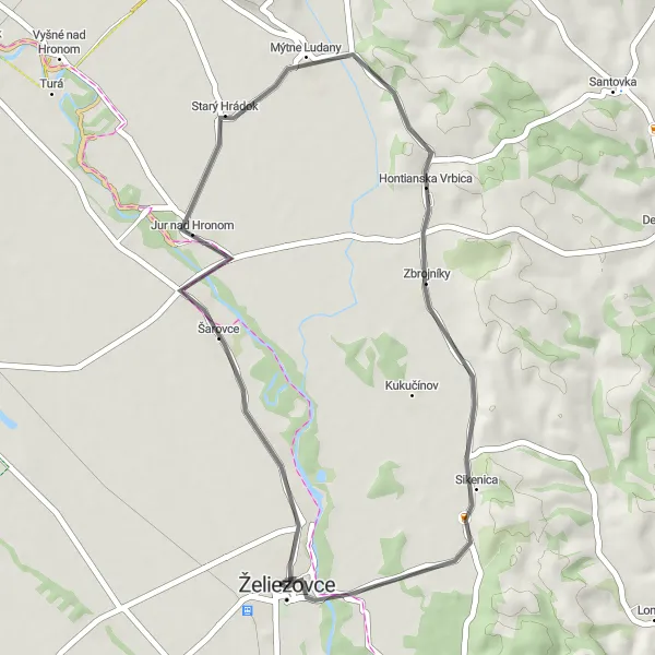 Map miniature of "Želiezovce to Zbrojníky Loop" cycling inspiration in Západné Slovensko, Slovakia. Generated by Tarmacs.app cycling route planner