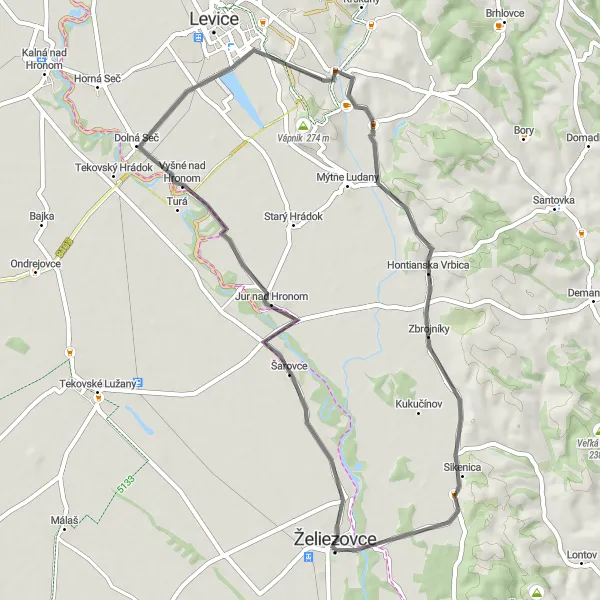 Miniaturní mapa "Cyklotrasa Želiezovce - Sikenica" inspirace pro cyklisty v oblasti Západné Slovensko, Slovakia. Vytvořeno pomocí plánovače tras Tarmacs.app