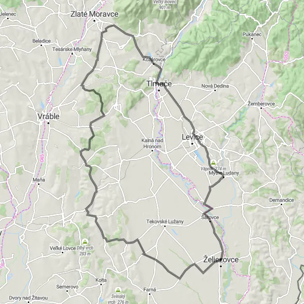 Mapa miniatúra "Okolo Želiezoviec a Západného Slovenska" cyklistická inšpirácia v Západné Slovensko, Slovakia. Vygenerované cyklistickým plánovačom trás Tarmacs.app