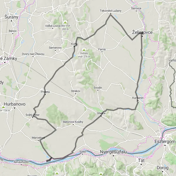 Map miniature of "The Tekovska Bicycle Odyssey" cycling inspiration in Západné Slovensko, Slovakia. Generated by Tarmacs.app cycling route planner