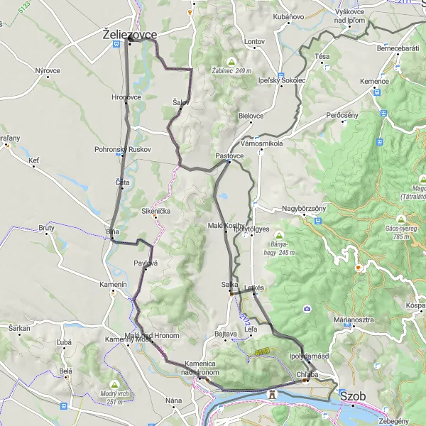 Map miniature of "Hron River Loop" cycling inspiration in Západné Slovensko, Slovakia. Generated by Tarmacs.app cycling route planner