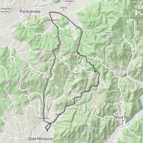 Map miniature of "Road Cycling Adventure from Zlaté Moravce" cycling inspiration in Západné Slovensko, Slovakia. Generated by Tarmacs.app cycling route planner