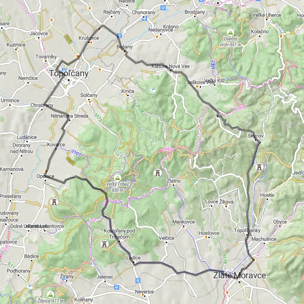 Mapa miniatúra "Cestná trasa okolo Zlatých Moraviec cez Kovarce a Veľkú skalú" cyklistická inšpirácia v Západné Slovensko, Slovakia. Vygenerované cyklistickým plánovačom trás Tarmacs.app