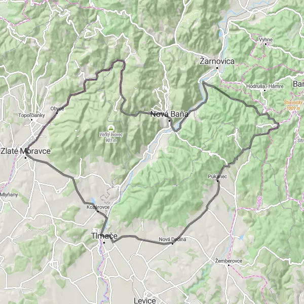 Mapa miniatúra "Trasa okolo Zlatých Moraviec" cyklistická inšpirácia v Západné Slovensko, Slovakia. Vygenerované cyklistickým plánovačom trás Tarmacs.app