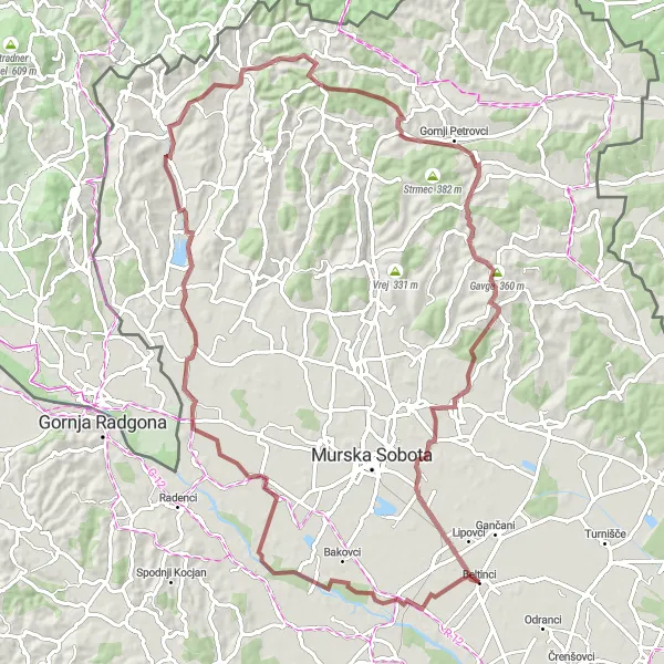 Map miniature of "The Gravel Expedition" cycling inspiration in Vzhodna Slovenija, Slovenia. Generated by Tarmacs.app cycling route planner