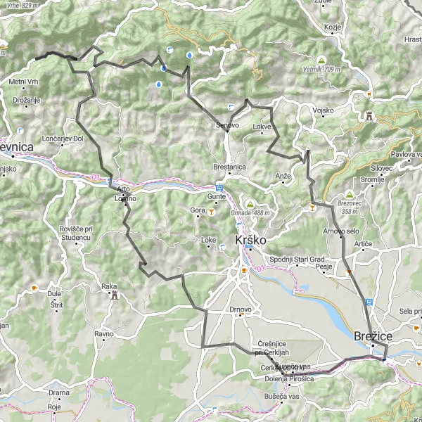 Miniatura della mappa di ispirazione al ciclismo "Tour ciclistico attraverso monumenti storici di Brežice" nella regione di Vzhodna Slovenija, Slovenia. Generata da Tarmacs.app, pianificatore di rotte ciclistiche