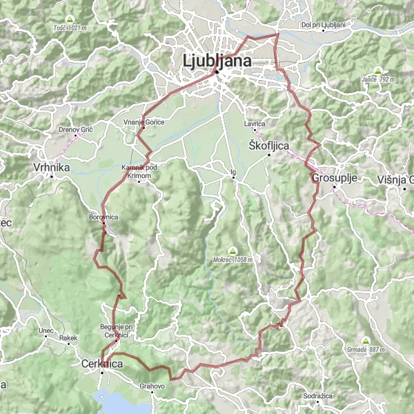 Miniaturní mapa "Gravelová trasa k Borovnici a Ljubljani" inspirace pro cyklisty v oblasti Vzhodna Slovenija, Slovenia. Vytvořeno pomocí plánovače tras Tarmacs.app