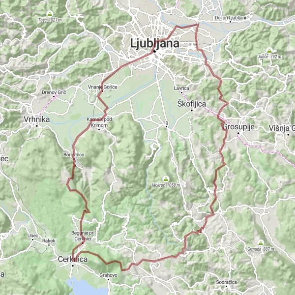 Miniatura della mappa di ispirazione al ciclismo "Circuito Gravel da Ranca a Velike Lipljene" nella regione di Vzhodna Slovenija, Slovenia. Generata da Tarmacs.app, pianificatore di rotte ciclistiche