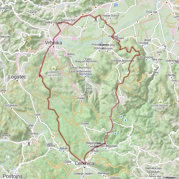 Zemljevid v pomanjšavi "Raznolika kolesarska pot od Cerknice do Beča" kolesarske inspiracije v Vzhodna Slovenija, Slovenia. Generirano z načrtovalcem kolesarskih poti Tarmacs.app