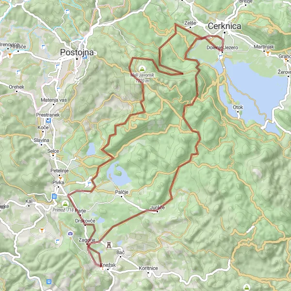 Zemljevid v pomanjšavi "Spretnost in adrenalinsko kolesarjenje v okolici Cerknice" kolesarske inspiracije v Vzhodna Slovenija, Slovenia. Generirano z načrtovalcem kolesarskih poti Tarmacs.app