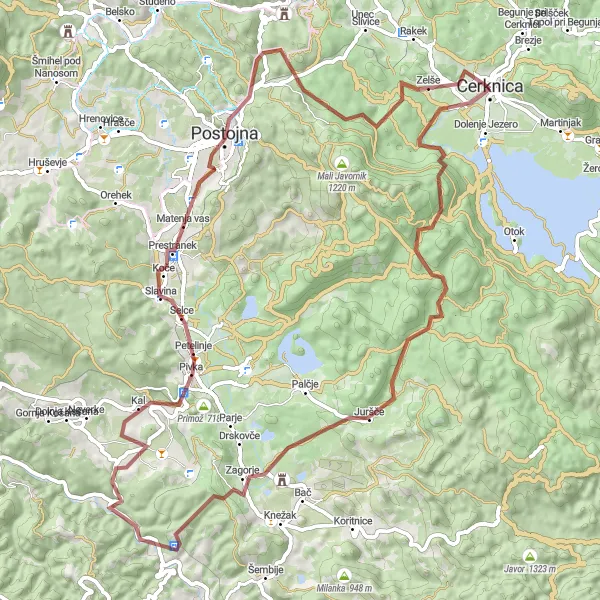 Miniaturní mapa "Gravel okruh kolem Cerknice" inspirace pro cyklisty v oblasti Vzhodna Slovenija, Slovenia. Vytvořeno pomocí plánovače tras Tarmacs.app