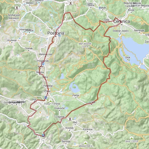 Zemljevid v pomanjšavi "Cerknica - Zelše Gravel Tour" kolesarske inspiracije v Vzhodna Slovenija, Slovenia. Generirano z načrtovalcem kolesarskih poti Tarmacs.app