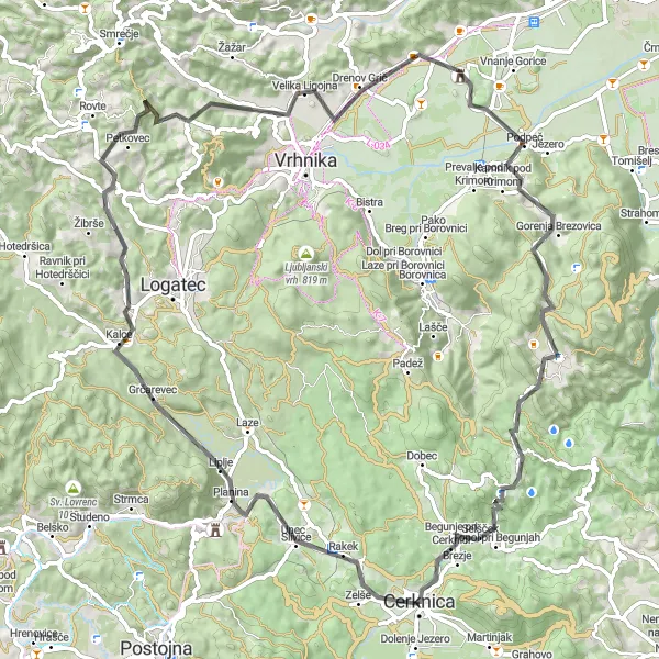 Map miniature of "Road to Natural Splendor" cycling inspiration in Vzhodna Slovenija, Slovenia. Generated by Tarmacs.app cycling route planner