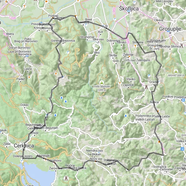 Zemljevid v pomanjšavi "Gorsko kolesarjenje po zahtevni poti v okolici Cerknice" kolesarske inspiracije v Vzhodna Slovenija, Slovenia. Generirano z načrtovalcem kolesarskih poti Tarmacs.app