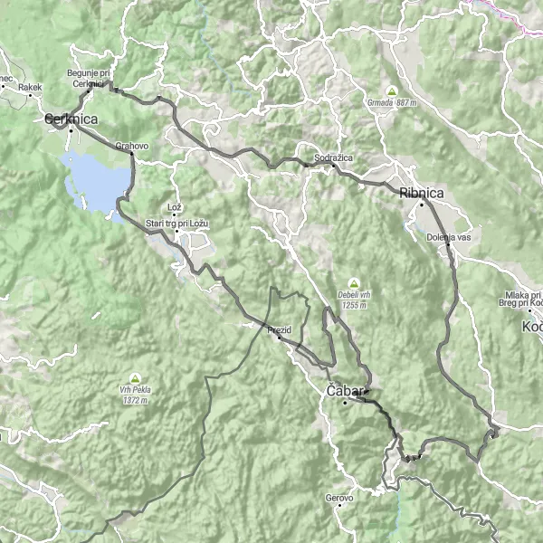 Map miniature of "Cerknica Cycling Adventure" cycling inspiration in Vzhodna Slovenija, Slovenia. Generated by Tarmacs.app cycling route planner