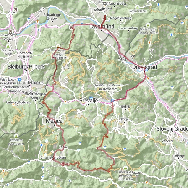 Zemljevid v pomanjšavi "Črna na Koroškem - Komeljski Vrh - Kavšakov Vrh" kolesarske inspiracije v Vzhodna Slovenija, Slovenia. Generirano z načrtovalcem kolesarskih poti Tarmacs.app