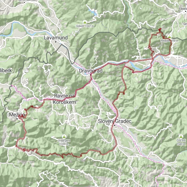 Zemljevid v pomanjšavi "Črna na Koroškem - Muta - Radlpaß - Slovenj Gradec" kolesarske inspiracije v Vzhodna Slovenija, Slovenia. Generirano z načrtovalcem kolesarskih poti Tarmacs.app