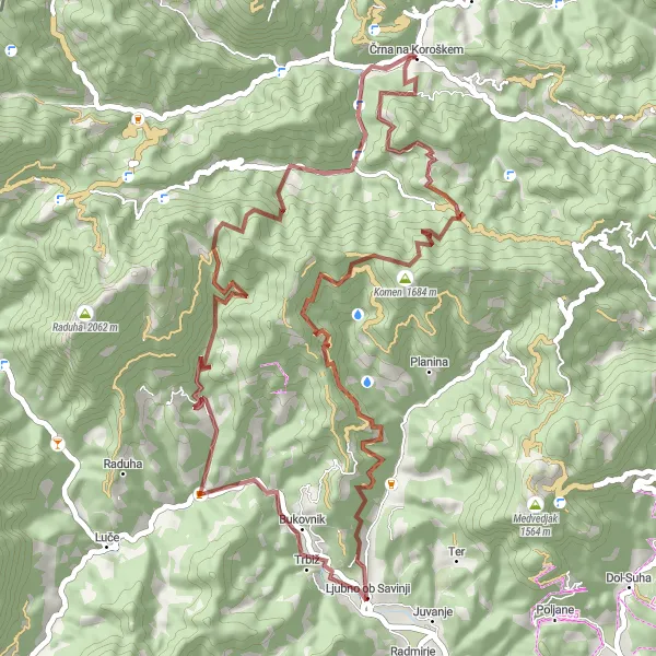 Miniaturní mapa "Gravel Route Črna na Koroškem - Črna na Koroškem" inspirace pro cyklisty v oblasti Vzhodna Slovenija, Slovenia. Vytvořeno pomocí plánovače tras Tarmacs.app