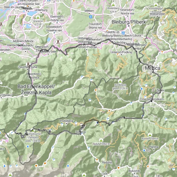 Miniaturní mapa "Road kolo okolo Črna na Koroškem" inspirace pro cyklisty v oblasti Vzhodna Slovenija, Slovenia. Vytvořeno pomocí plánovače tras Tarmacs.app