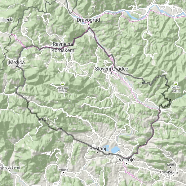 Miniatura della mappa di ispirazione al ciclismo "Tour delle vette stradali" nella regione di Vzhodna Slovenija, Slovenia. Generata da Tarmacs.app, pianificatore di rotte ciclistiche