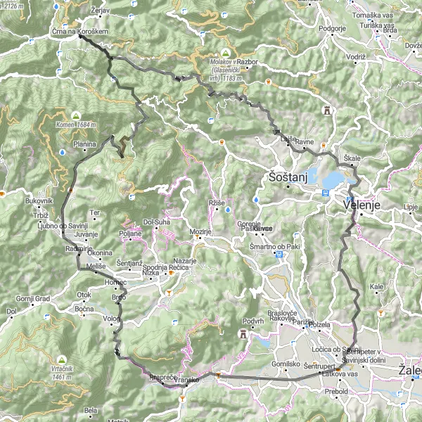 Map miniature of "Mountainous Marvels" cycling inspiration in Vzhodna Slovenija, Slovenia. Generated by Tarmacs.app cycling route planner