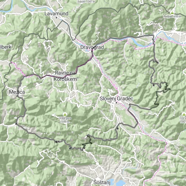 Miniatura mapy "Trasa Wzgórz i Szlaków wokół Črna na Koroškem" - trasy rowerowej w Vzhodna Slovenija, Slovenia. Wygenerowane przez planer tras rowerowych Tarmacs.app